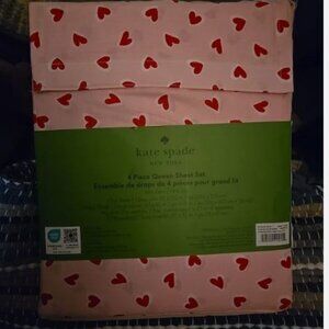 Kate Spade QUEEN Sheet Set 100% Cotton Percale PINK Hearts on White 4 piece NEW